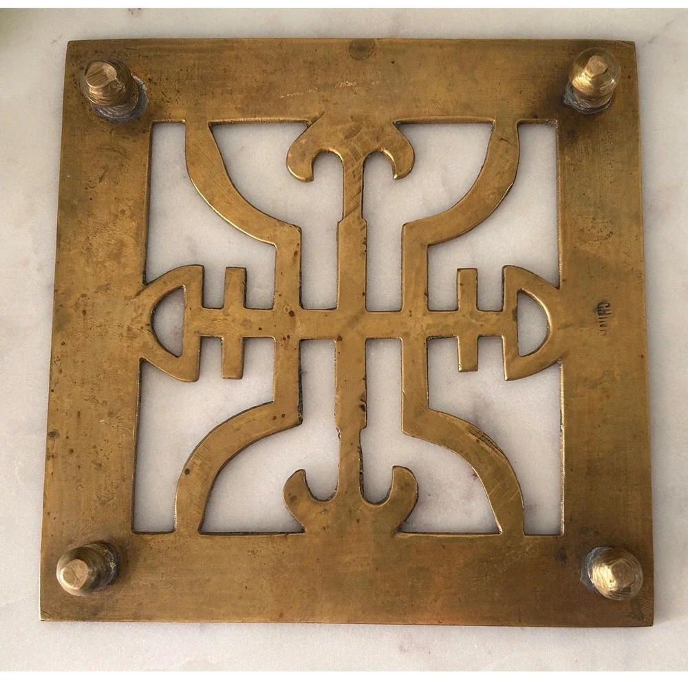 Vintage Solid Brass Square Trivet Etched Floral Shou Longevity Character China